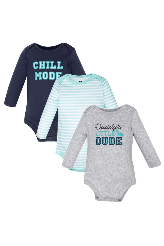 Infant Boys Cotton Long-Sleeve Bodysuits 3-Pack, Little Dude Dino, 0-3 Months