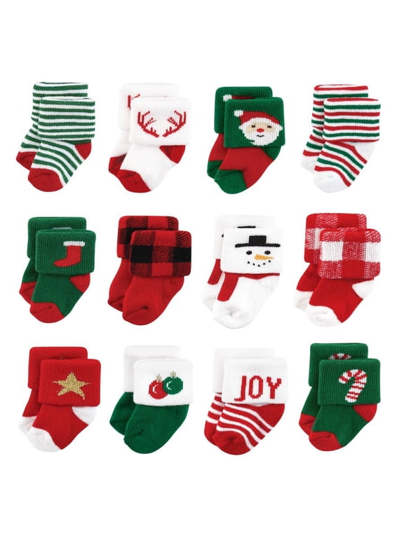 Infant Boys Cotton Rich Newborn and Terry Socks, 12 Days Of Christmas Santa, 0-6 Months