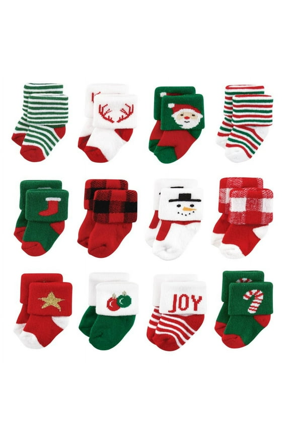 Infant Boys Cotton Rich Newborn and Terry Socks, 12 Days Of Christmas Santa, 0-6 Months