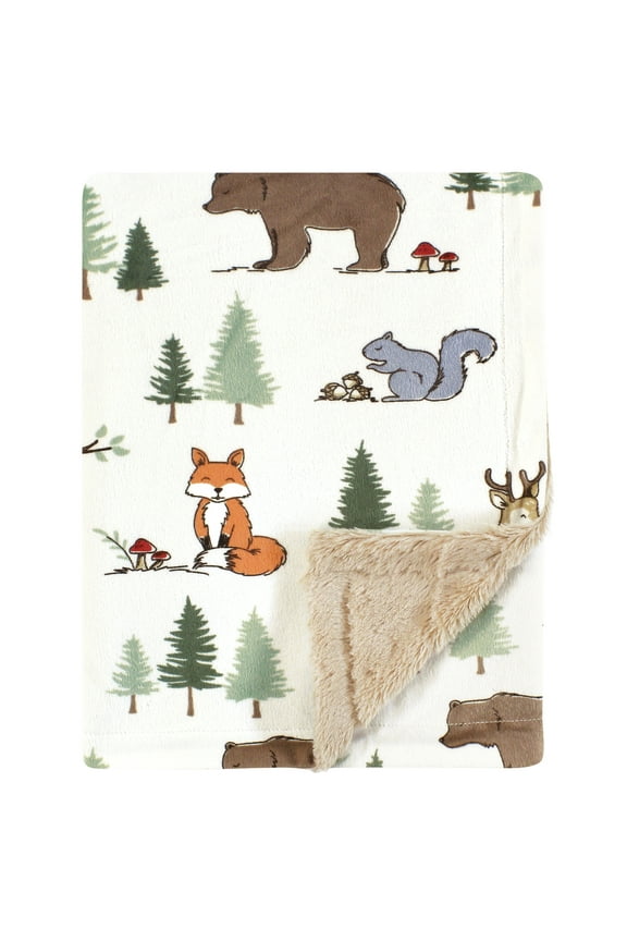 Infant Boys Plush Blanket with Furry Binding and Back, Forest Animals, One Size