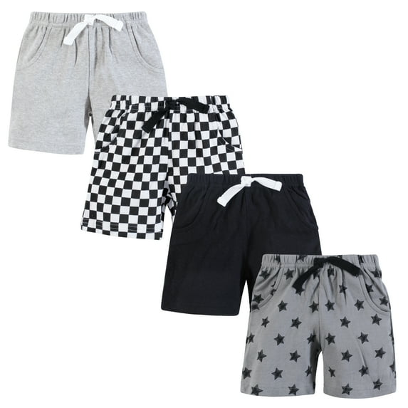 Hudson Baby Infant Boys Shorts Bottoms 4-Pack, Black Gray Stars, 12-18 Months