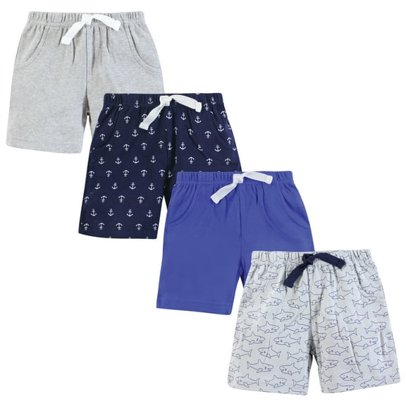 Hudson Baby Infant Boys Shorts Bottoms 4-Pack, Sharks And Anchors, 0-3 Months