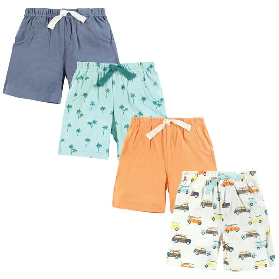 Hudson Baby Infant Boys Shorts Bottoms 4-Pack, Surf Cars, 0-3 Months