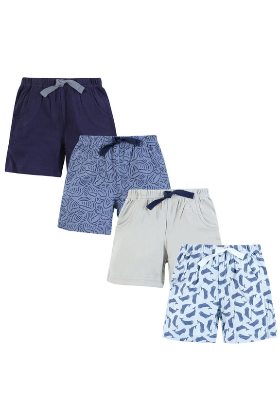 Infant Boys Shorts Bottoms 4-Pack, Whales And Waves, 0-3 Months