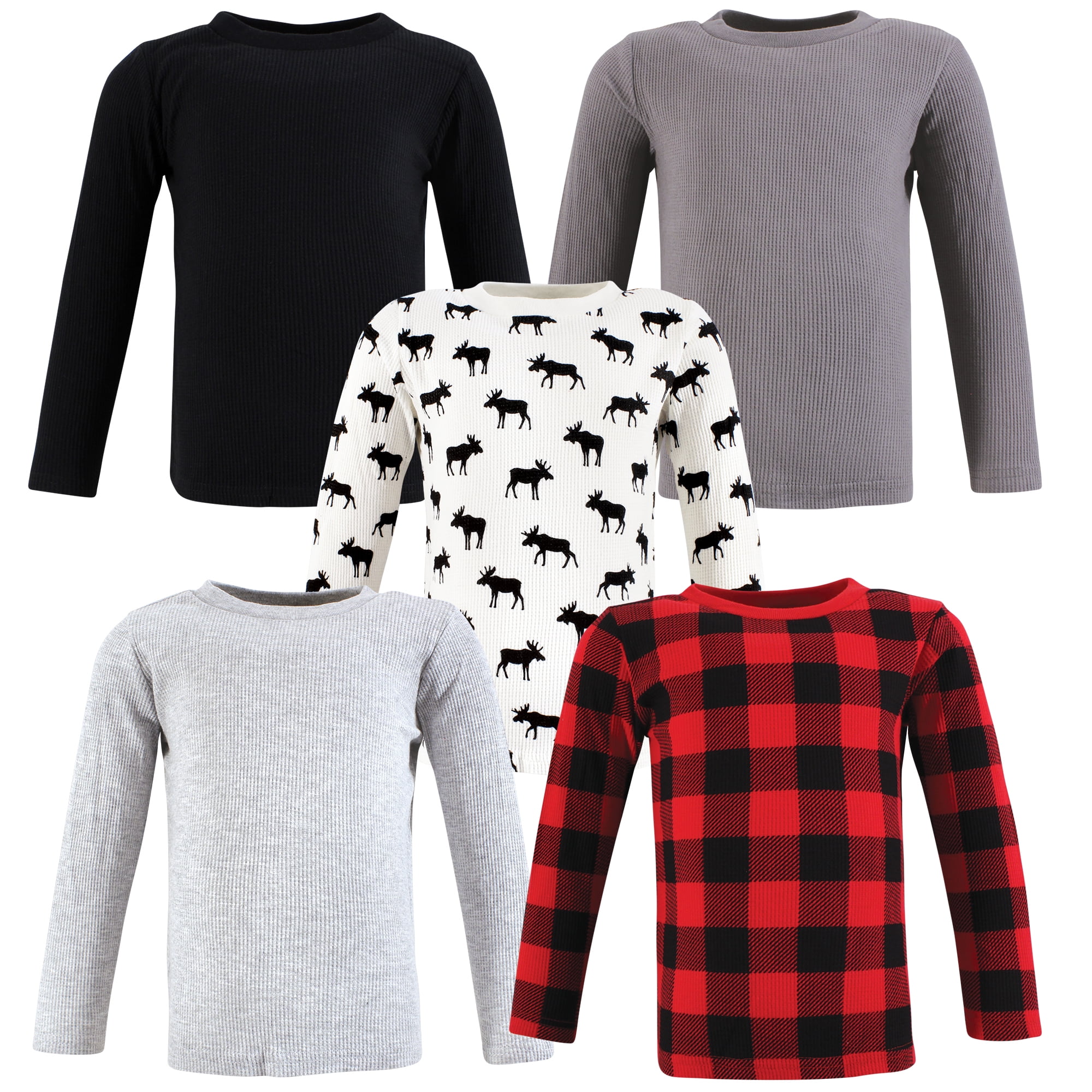 Hudson Baby Infant Boys Thermal Long Sleeve Tees 5pk, Buffalo Plaid Moose, 18-24 Months