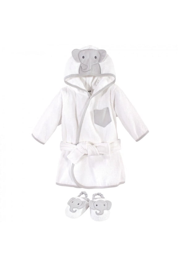 Infant Cotton Animal Face Bathrobe and Slippers 2pc, Modern Elephant, 0-9 Months