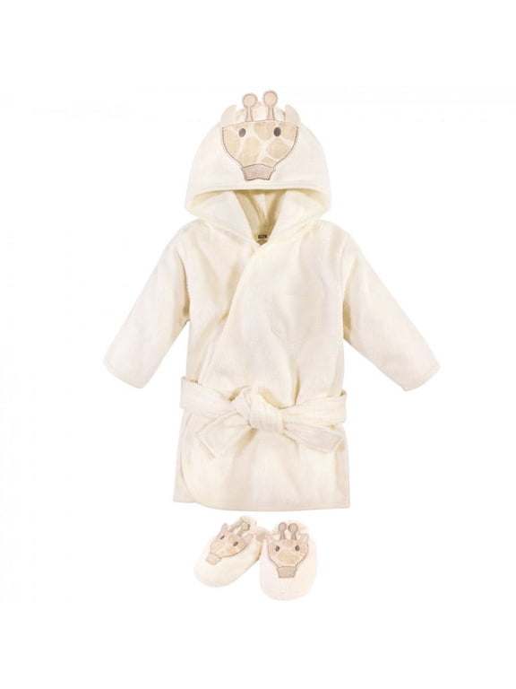 Infant Cotton Animal Face Bathrobe and Slippers 2pc, Modern Giraffe, 0-9 Months