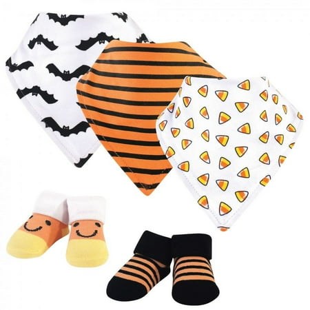 Hudson Baby Infant Cotton Bib & Sock Set, Candy Corn, One Size, 5-Piece