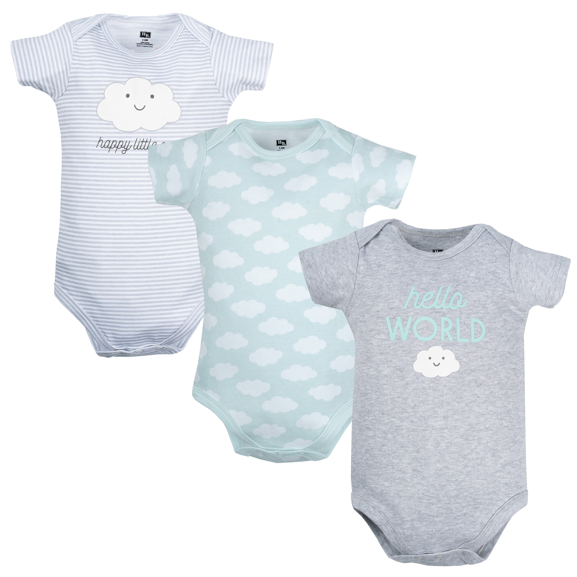 Hudson Baby Infant Cotton Bodysuits 3-Pack, Hello World Cloud, 6-9 Months