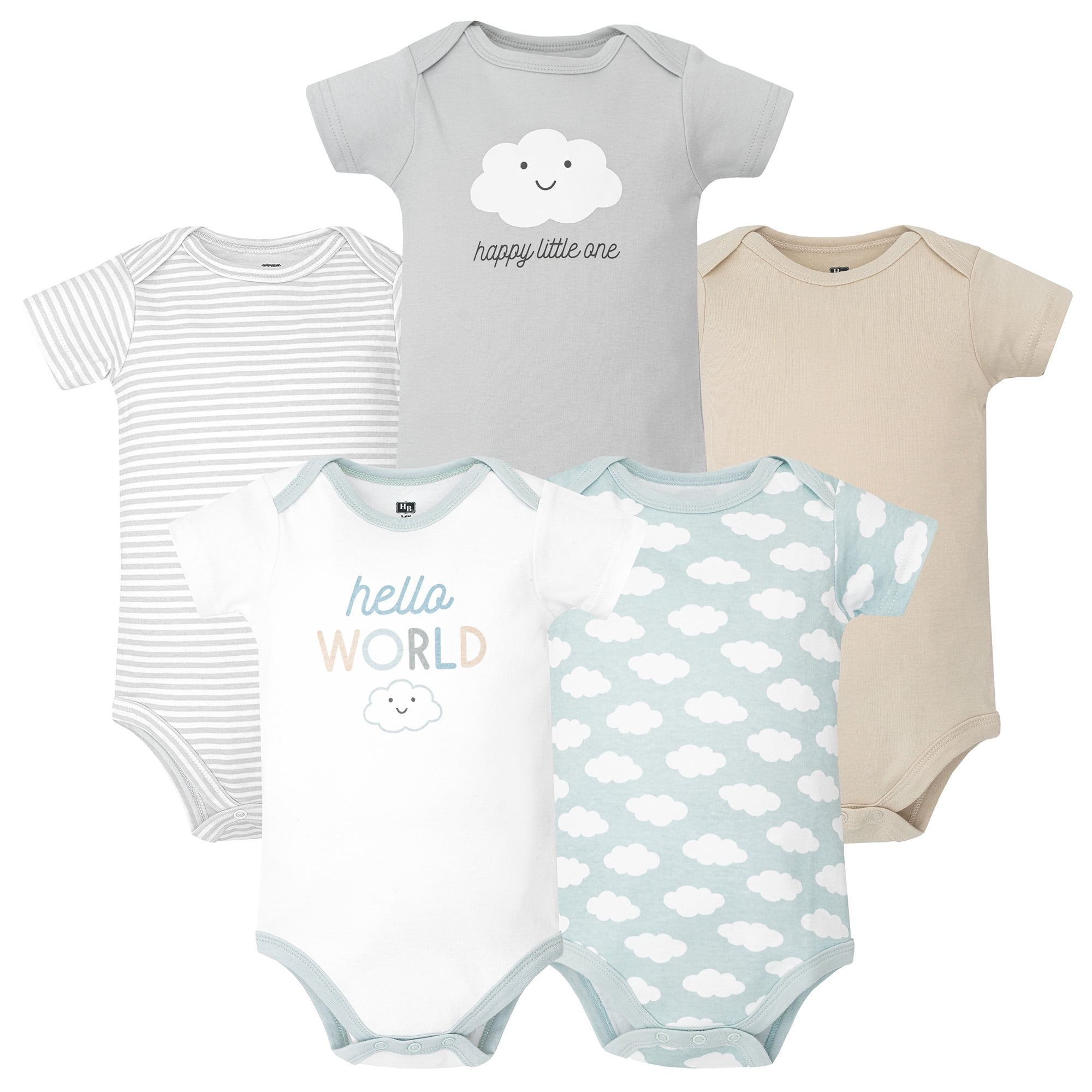 Hudson Baby Infant Cotton Bodysuits 5-Pack, Hello World Clouds, 18-24 Months