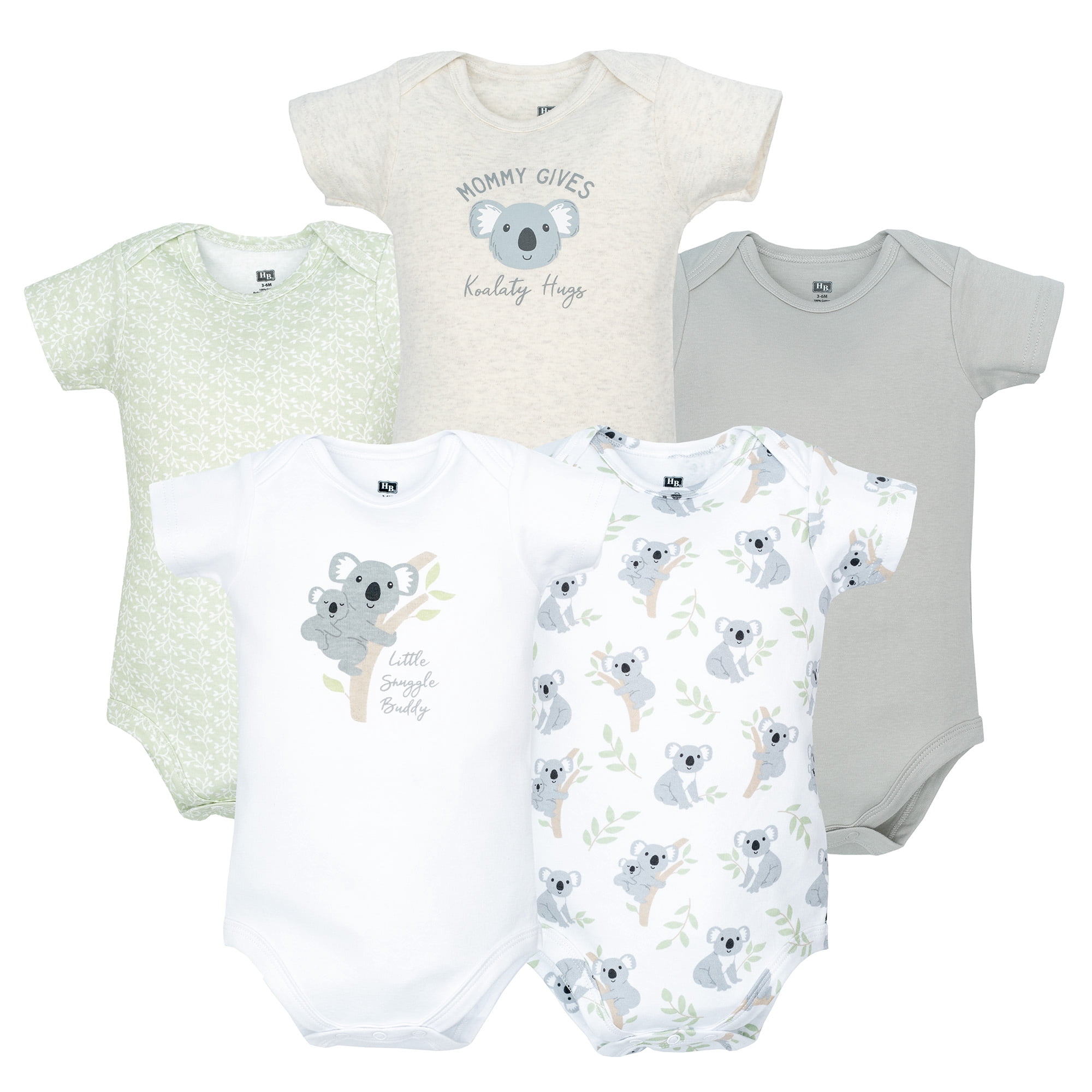 Hudson Baby Infant Cotton Bodysuits 5-Pack, Koala Hugs, 3-6 Months