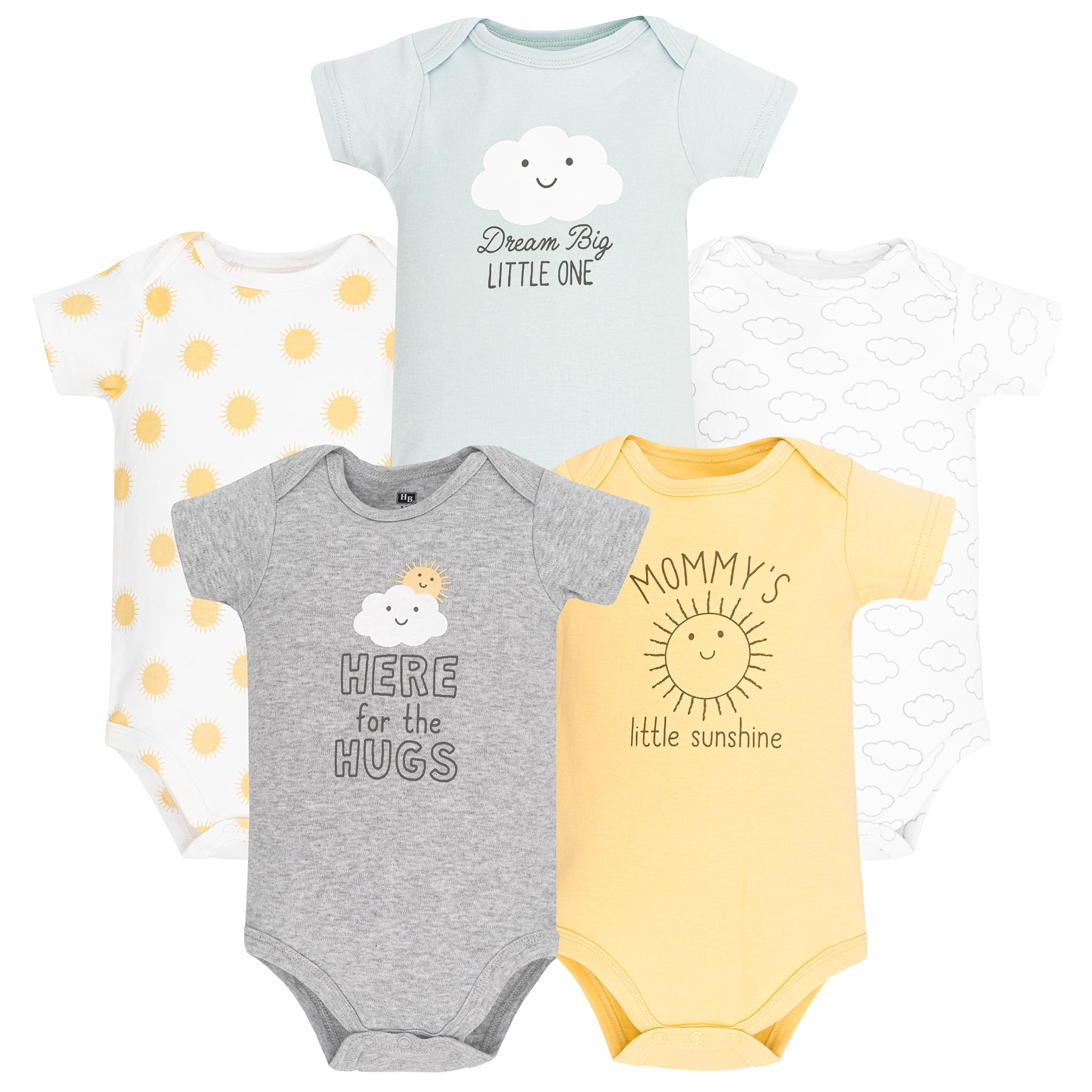 Hudson Baby Infant Cotton Bodysuits 5-Pack, Sunshine And Clouds, Newborn