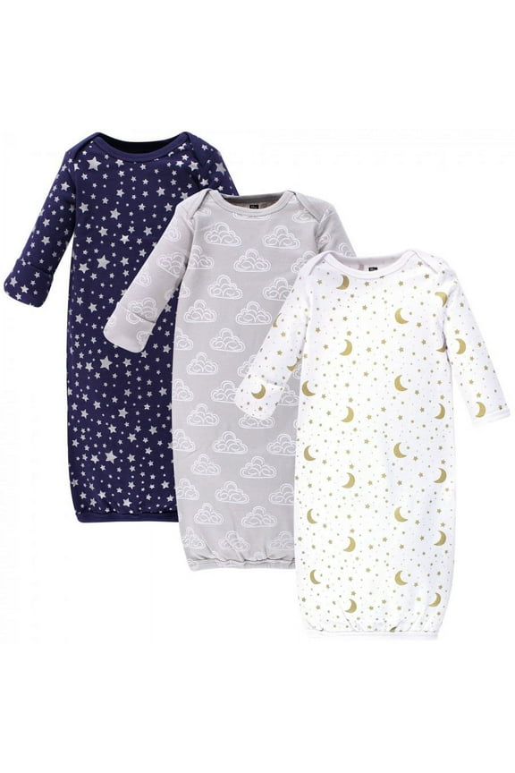 Infant Cotton Long-Sleeve Gowns 3pk, Navy Stars & Moon, 0-6 Months