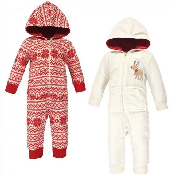 Hudson Baby Infant Fleece Jumpsuits, Coveralls, and Playsuits 2pk, Cream Reindeer, 9-12 Months
