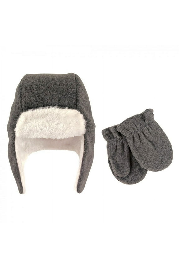 Infant Fleece Trapper Hat and Mitten 2pc Set, Heather Charcoal, 0-6 Months