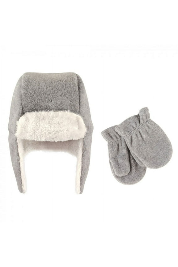 Infant Fleece Trapper Hat and Mitten 2pc Set, Heather Gray, 0-6 Months