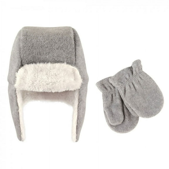 Hudson Baby Infant Fleece Trapper Hat and Mitten 2pc Set, Heather Gray, 6-12 Months