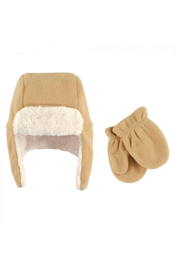 Infant Fleece Trapper Hat and Mitten 2pc Set, Tan, 6-12 Months