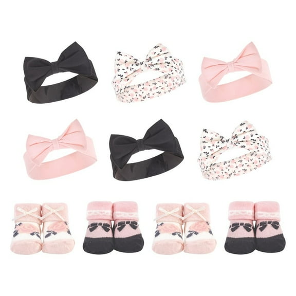Hudson Baby Infant Girl 10Pc Headband and Socks Set, Berry Floral, 0-9 Months
