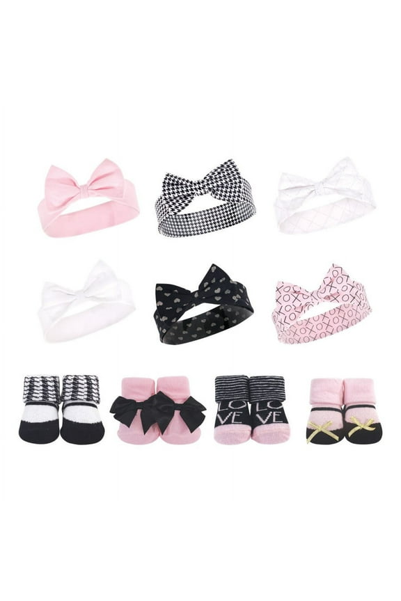 Infant Girl 10Pc Headband and Socks Set, Houndstooth Love, 0-9 Months
