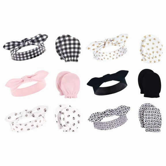 Hudson Baby Infant Girl 12Pc Cotton Headband and Scratch Mitten Set, Lady Bug Xoxo, 0-6 Months