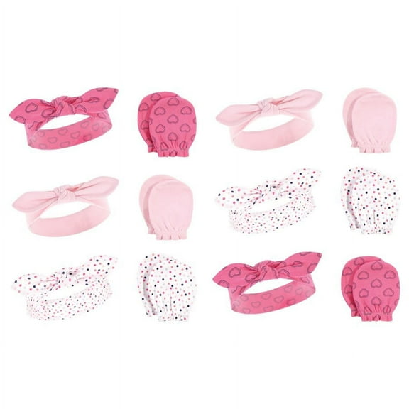 Hudson Baby Infant Girl 12Pc Headband and Scratch Mitten Set, Navy Hearts, 0-6 Months