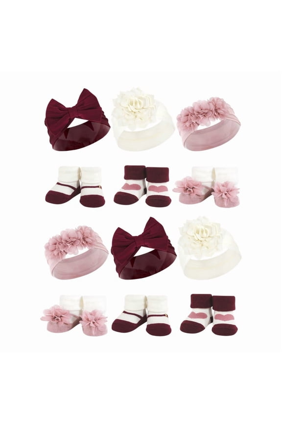Infant Girl 12Pc Headband and Socks Giftset, Burgundy Blush, One Size