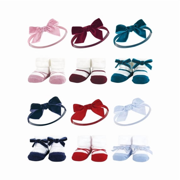 Hudson Baby Infant Girl 12Pc Headband and Socks Giftset, Burgundy Pink Teal Dark Red Blue, One Size