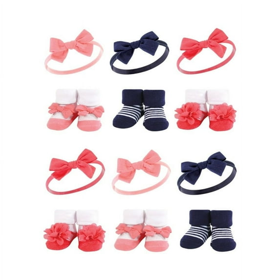 Hudson Baby Infant Girl 12Pc Headband and Socks Giftset, Navy Coral, One Size