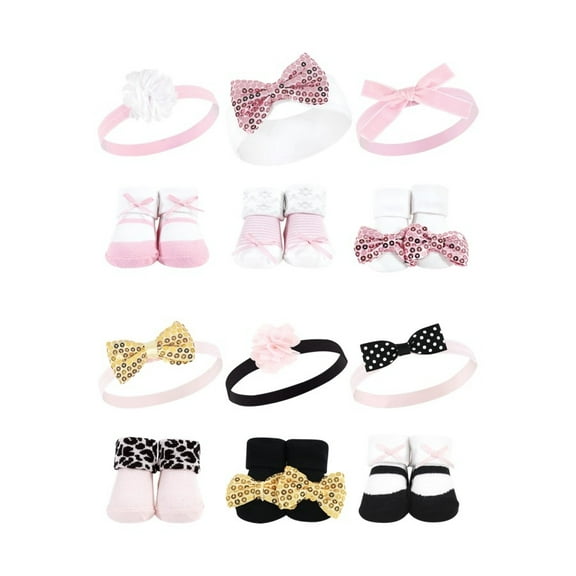 Hudson Baby Infant Girl 12Pc Headband and Socks Giftset, Pink Sequin Gold Sequin, One Size