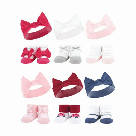 Hudson Baby Infant Girl 12Pc Headband and Socks Giftset, Pink White Pink Blue, One Size
