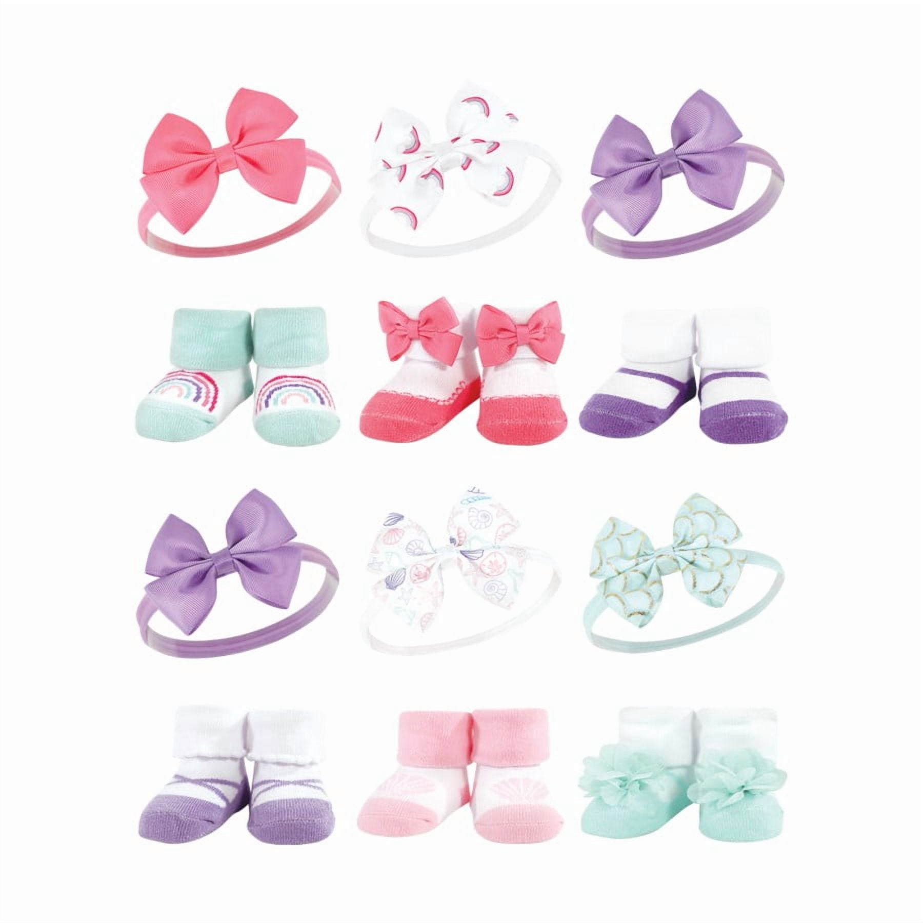 Hudson Baby Infant Girl 12Pc Headband and Socks Giftset, Purple Rainbow Mermaid, One Size