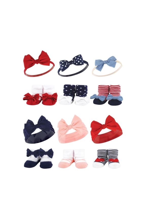 Infant Girl 12Pc Headband and Socks Giftset, Red Blue Bows Red Chambray, One Size