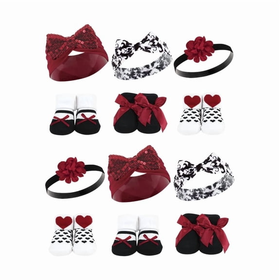 Hudson Baby Infant Girl 12Pc Headband and Socks Giftset, Red Sequin, One Size