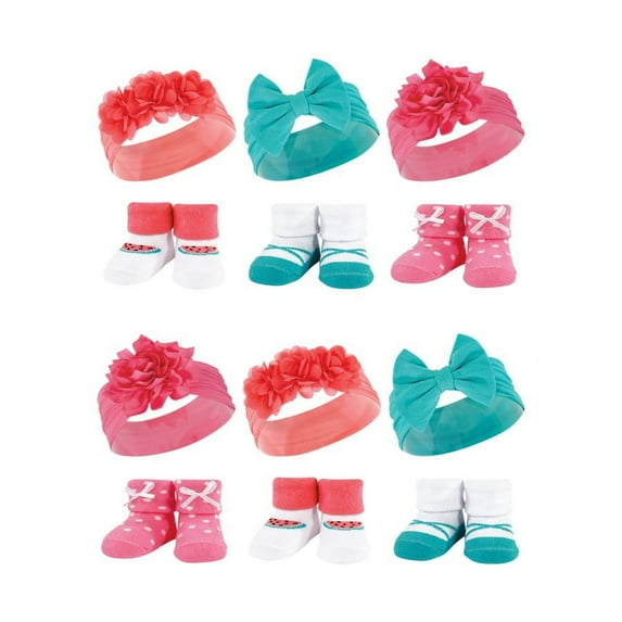 Hudson Baby Infant Girl 12Pc Headband and Socks Giftset, Teal Coral, One Size