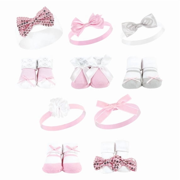 Hudson Baby Infant Girl 12Pc Headband and Socks Set, Pink Gray Pink Sequin, 0-9 Months