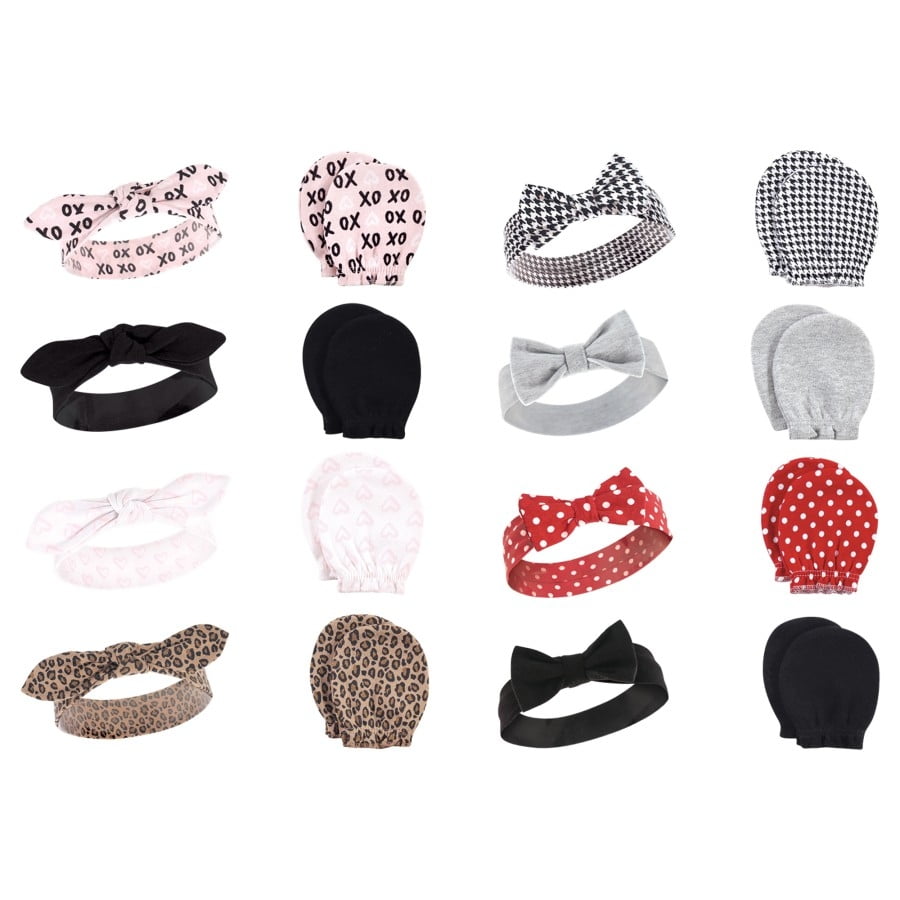 Hudson Baby Infant Girl 16Pc Cotton Headband and Scratch Mitten Set, Black Xoxo Houndstooth, 0-6 Months