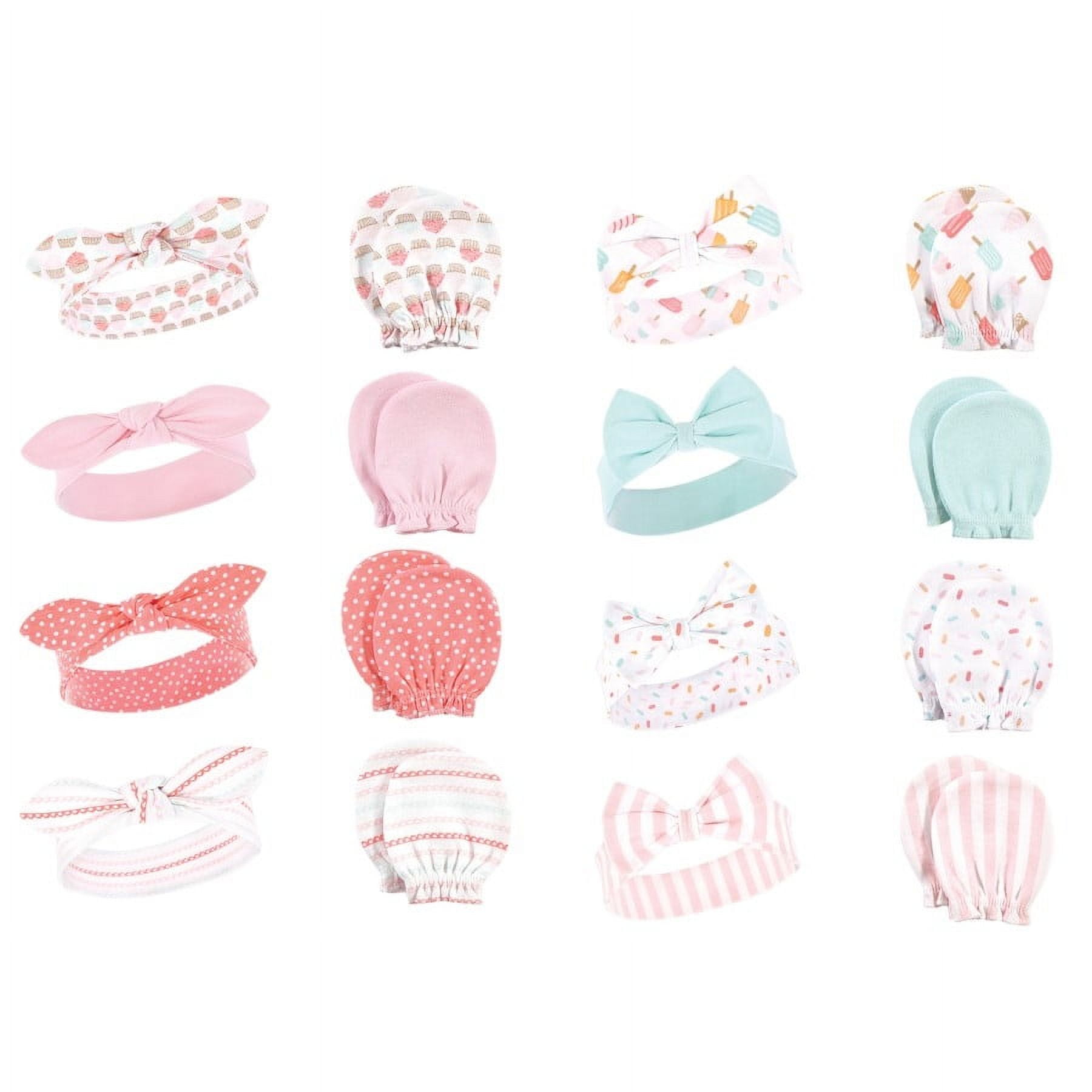 Hudson Baby Infant Girl 16Pc Cotton Headband and Scratch Mitten Set, Cupcake Ice Cream, 0-6 Months