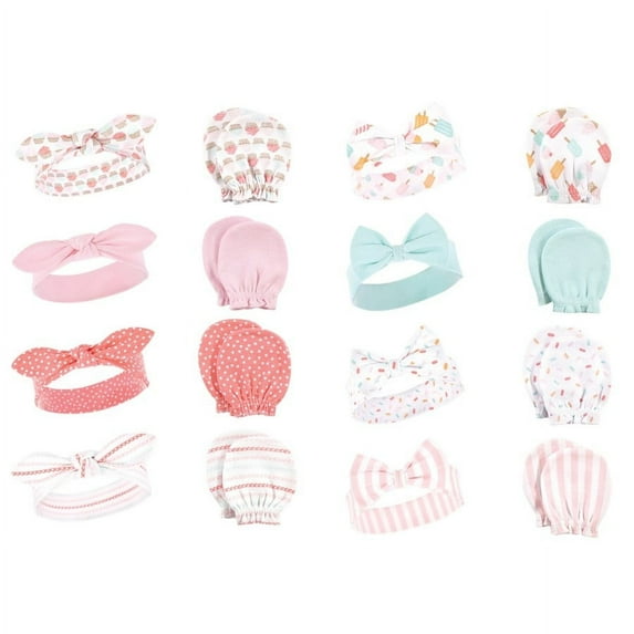 Hudson Baby Infant Girl 16Pc Cotton Headband and Scratch Mitten Set, Cupcake Ice Cream, 0-6 Months