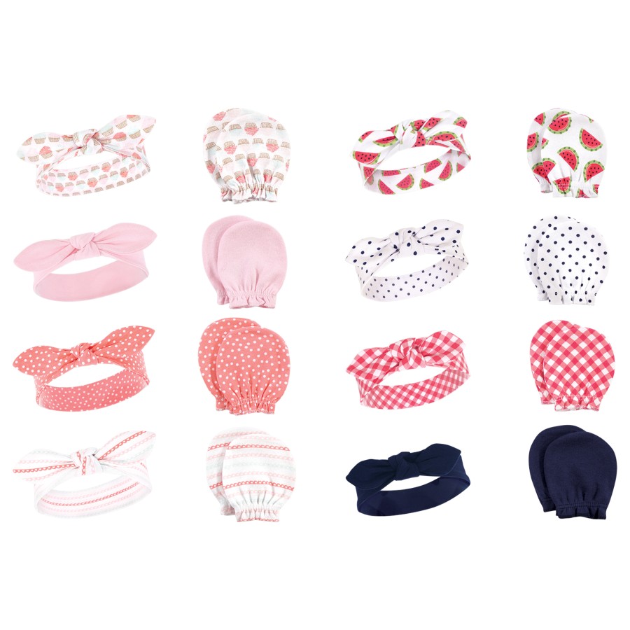 Hudson Baby Infant Girl 16Pc Cotton Headband and Scratch Mitten Set, Cupcake Watermelon, 0-6 Months