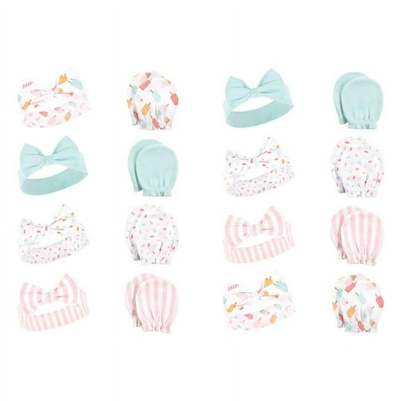 Hudson Baby Infant Girl 16Pc Headband and Scratch Mitten Set, Ice Cream, 0-6 Months