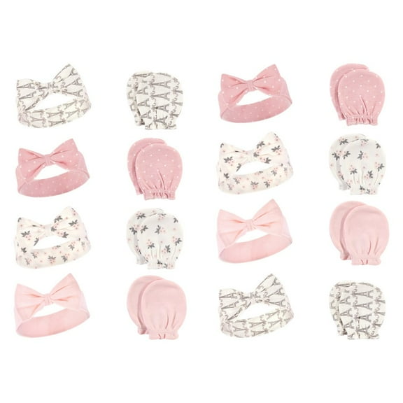 Hudson Baby Infant Girl 16Pc Headband and Scratch Mitten Set, Paris, 0-6 Months