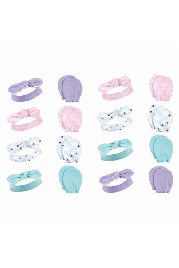 Infant Girl 16Pc Headband and Scratch Mitten Set, Peacock, 0-6 Months