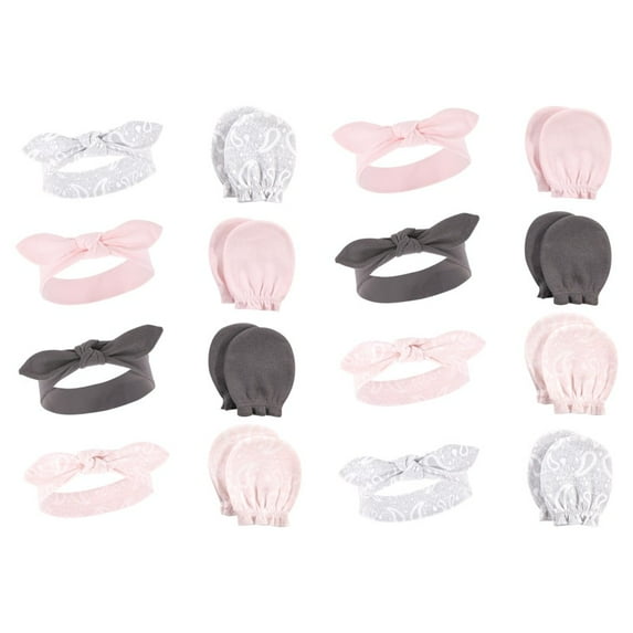 Hudson Baby Infant Girl 16Pc Headband and Scratch Mitten Set, Pink Bandana, 0-6 Months