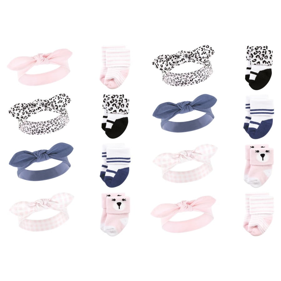 Hudson Baby Infant Girl 16Pc Headband and Socks Giftset, Bear Leopard, 0-9 Months