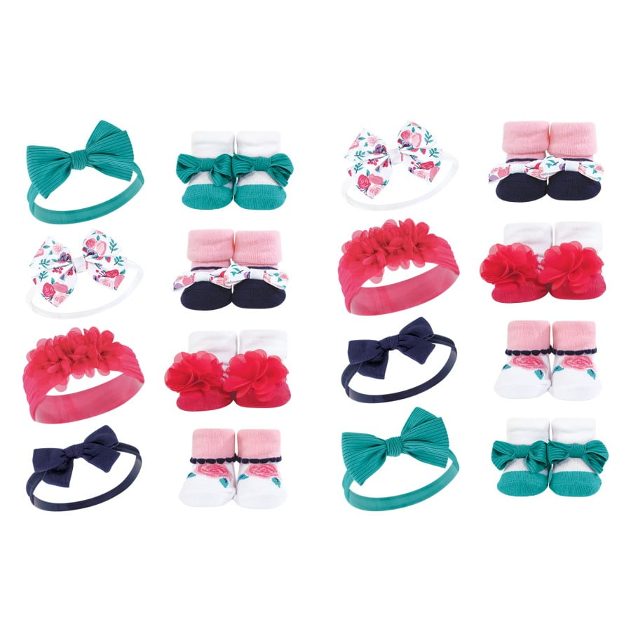 Hudson Baby Infant Girl 16Pc Headband and Socks Giftset, Bright Pink Floral, One Size