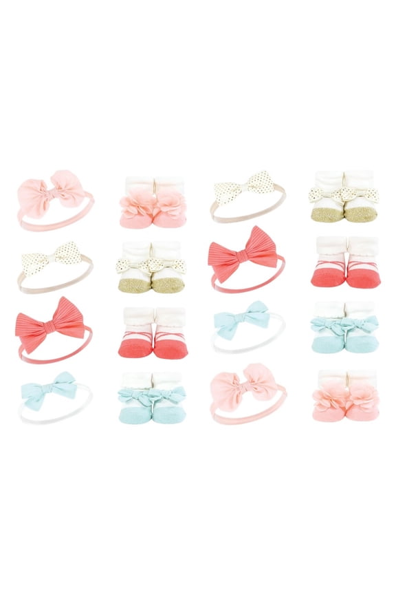 Infant Girl 16Pc Headband and Socks Giftset, Coral Gold, One Size