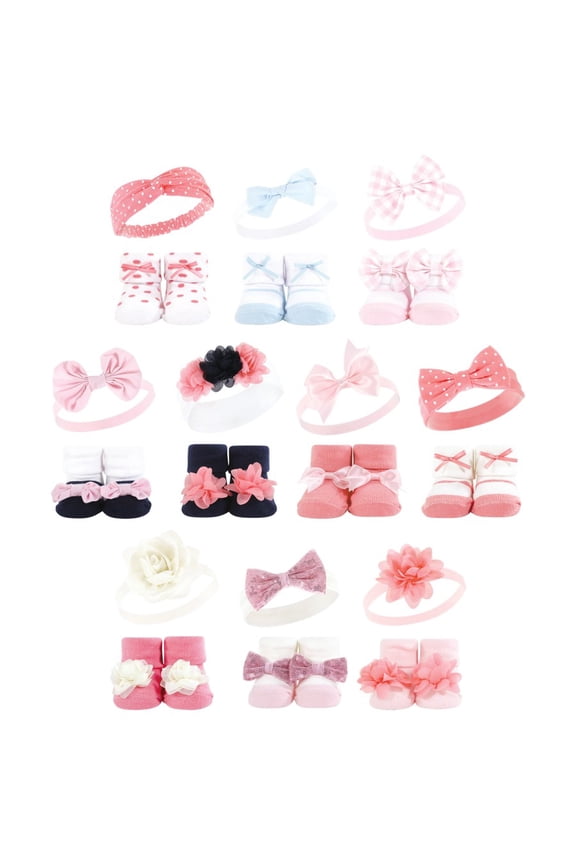 Infant Girl 20Pc Headband and Socks Giftset, Pink Blue Pink Gray, One Size