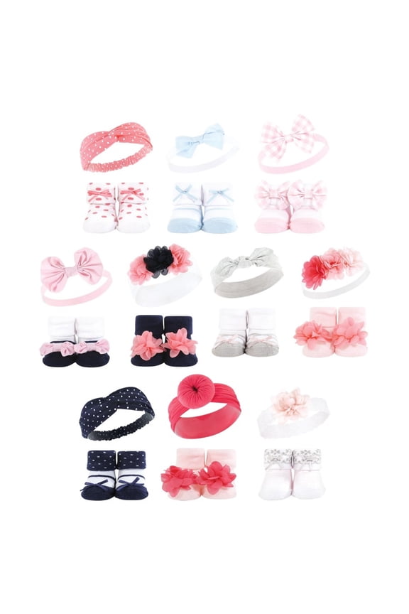 Infant Girl 20Pc Headband and Socks Giftset, Pink Blue Pink Navy, One Size