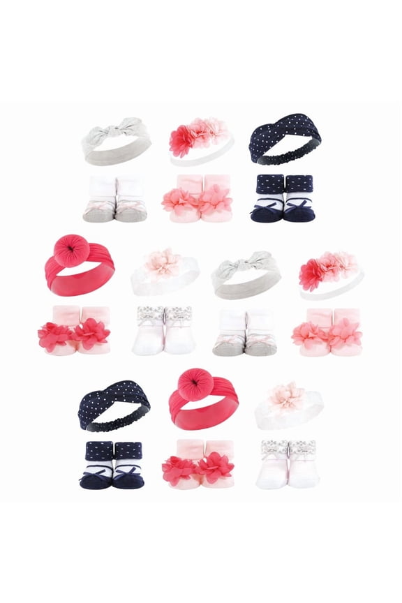 Infant Girl 20Pc Headband and Socks Giftset, Pink Navy, One Size